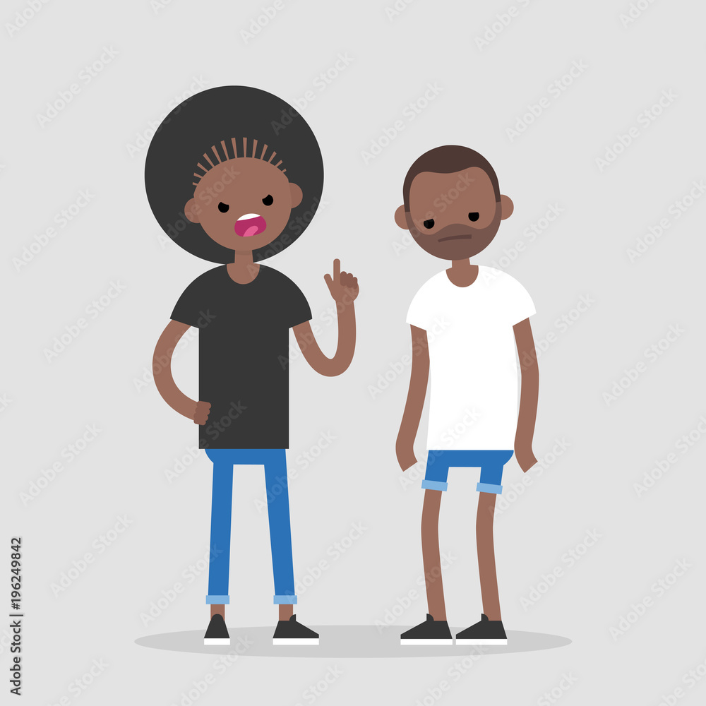 Quarrel conceptual illustration. Young pissed off black woman pointing a finger and yelling at her boyfriend. Two arguing characters. Flat editable vector, clip art