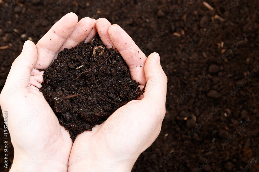 Man farmer holding soil. Earth day and ecology concept Man farmer holding soil. Earth day and ecology concept