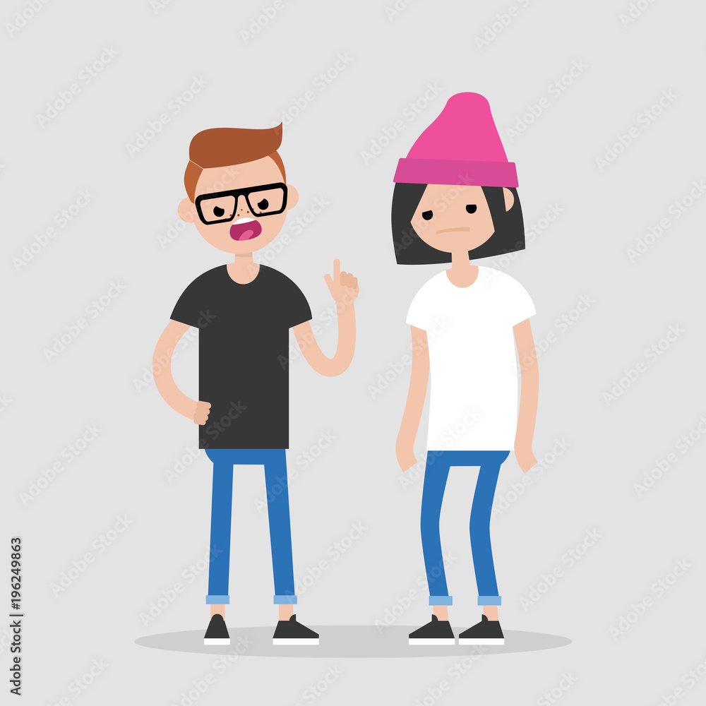 Quarrel conceptual illustration. Young pissed off man pointing a finger and yelling at his girlfriend. Two arguing characters. Flat editable vector, clip art Quarrel conceptual illustration. Young pissed off man pointing a finger and yelling at his girlfriend. Two arguing characters. Flat editable vector, clip art