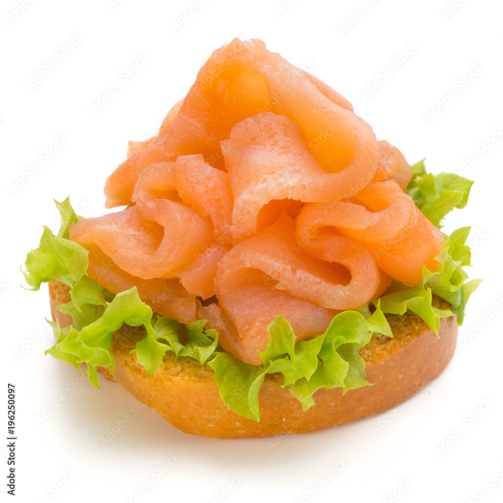 Bread with fresh salmon fillet isolated on white background, top view. Bread with fresh salmon fillet isolated on white background, top view.