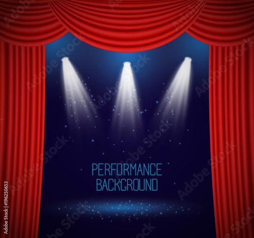 Red theater velvet curtains frame decorated with floodlight before the evening show on the scene. Presentation concept banner. Night entertainment event, premiere announcement poster.