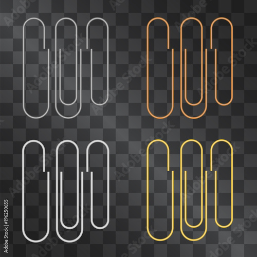 Office paper clip accessory vector set isolated on transparent background. For document mock ups, notes and messages fixing stylization. Silver, golden and copper variants