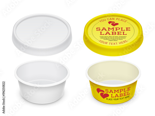 Vector labeled empty open round container for cosmetics cream, butter or margarine spread. Packaging template illustration.