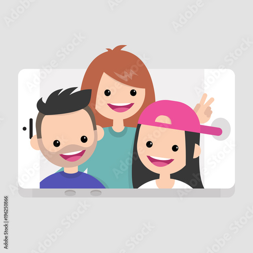 Millennials making a selfie. Young friends having fun. Lifestyle technologies. Mobile application. Flat editable vector illustration, clip art