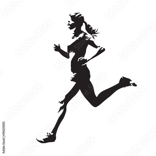 Running woman, abstract vector silhouette, side view