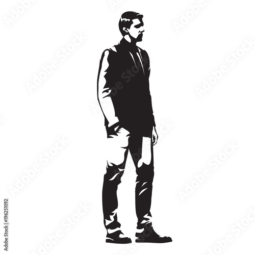 Business man in suit standing, abstract vector isolated illustration, side view