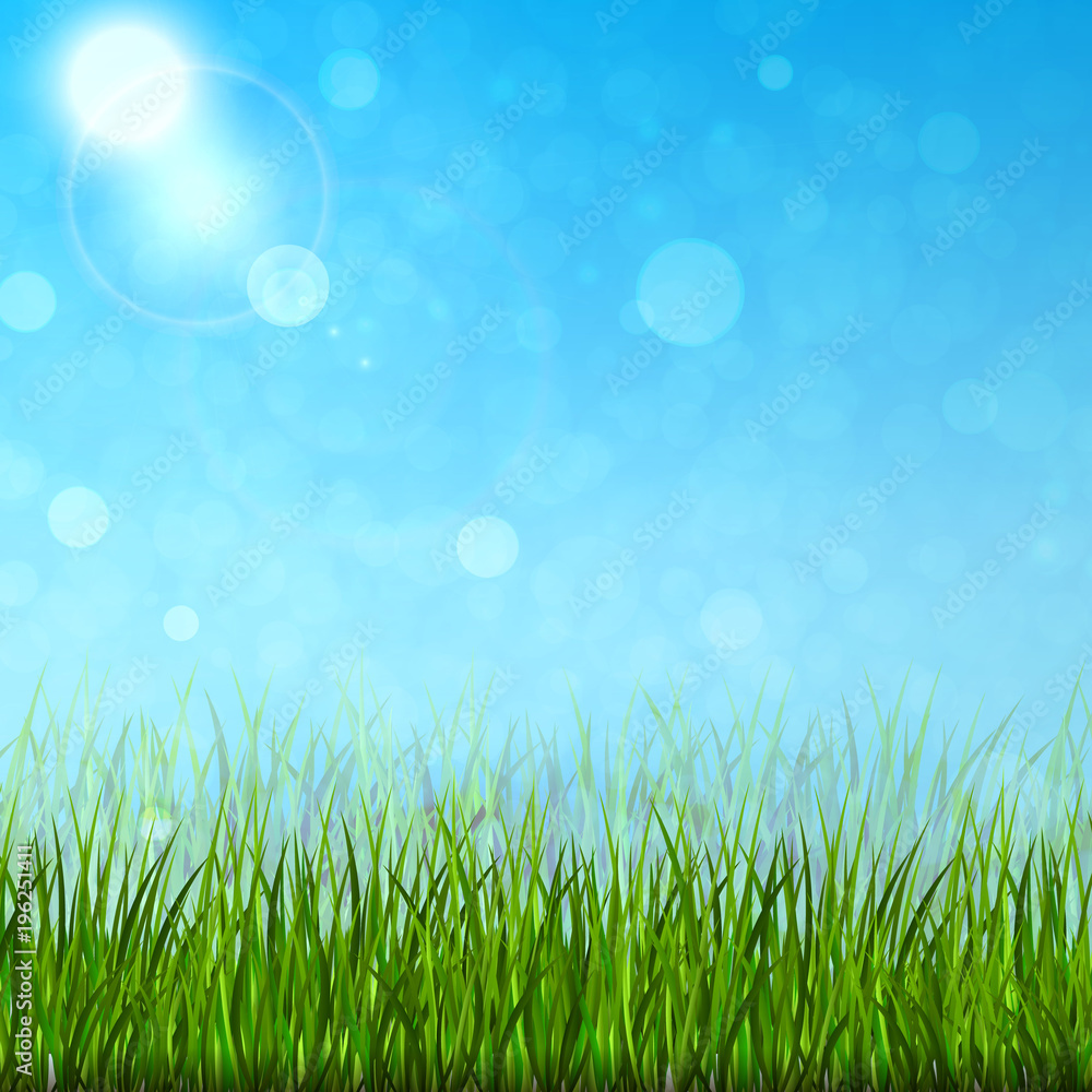 Bright spring background with green grass. Vector illustration.