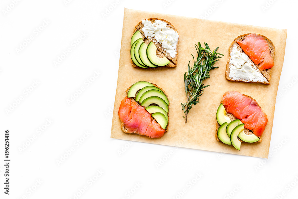 fitness breskfast with homemade sandwiches on white background top view mockup