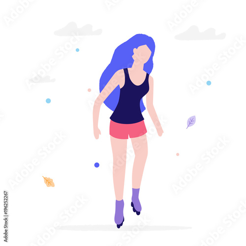 Girl roller skating flat illustration isolated on a white background. Young woman rides in rollers in a park keeping healthy lifestyle.