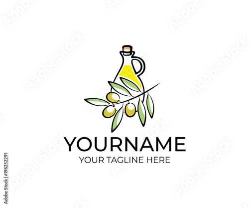 Olive oil in a glass bottle and olive branch with olives and leaves logo template. Extra virgin natural organic oil with farmer olives groves vector design. Product for cooking and cosmetic industry