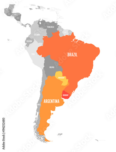 Map of MERCOSUR countires. South american trade association. Orange highlighted member states Brazil, Paraguay, Uruguay and Argetina. Since December 2016.