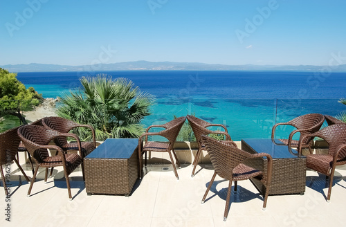 View from the terrace  on the turquoise sea in Greece.
