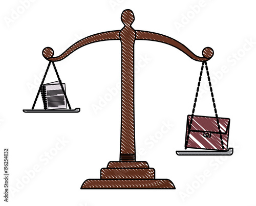 law scale with briefcase and documents over white background, colorful design. vector illustration