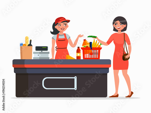 Cashier and buyer at the supermarket vector flat illustration isolated on white background. Woman purchasing products and cashier smiling at the cashbox with goods in the basket.