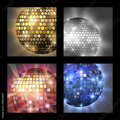 Disco ball discotheque card music party night club dance equipment vector illustration.