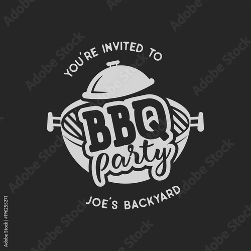 Vintage hand drawn bbq party, barbecue grill badge, label. Retro typography style. Butcher logo design with letterpress effect. Vector illustration isolated on black background.