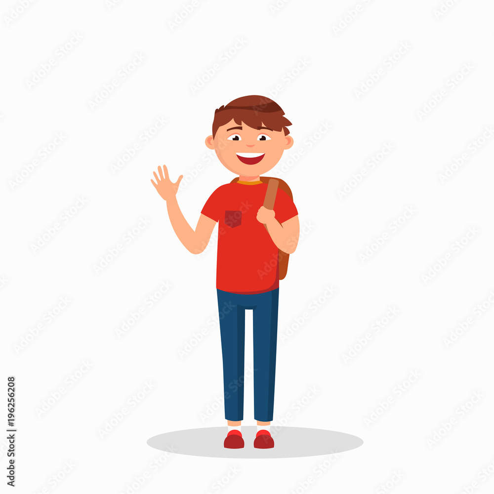 Boy is waving his hand and laughing, cartoon character isolated on white background. Happy boy in casual style vector flat illustration. Boy is waving his hand and laughing, cartoon character isolated on white background. Happy boy in casual style vector flat illustration.