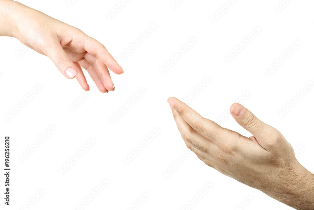 Female and male hand on white background
