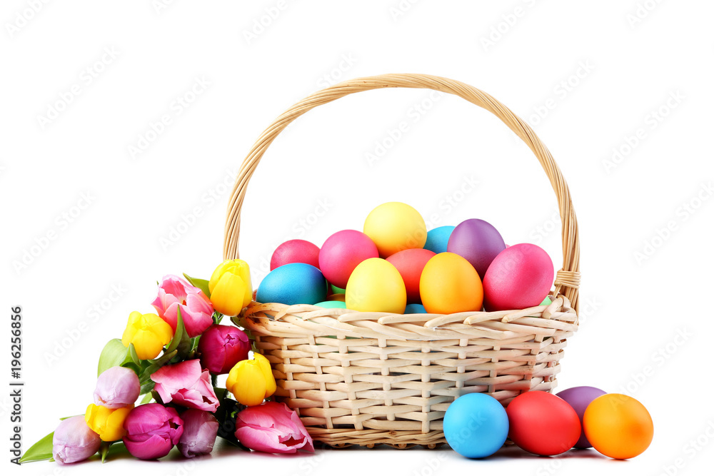 Colorful easter eggs in basket with tulips isolated on white