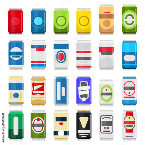 Various cans of beer and coke isolated on white background. Beverages vector flat illustration with beer icons. Drinks infographic elements.