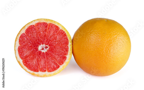Grapefruit citrus fruit with grapefruit on white background. Whole grapefruit and half with clipping path