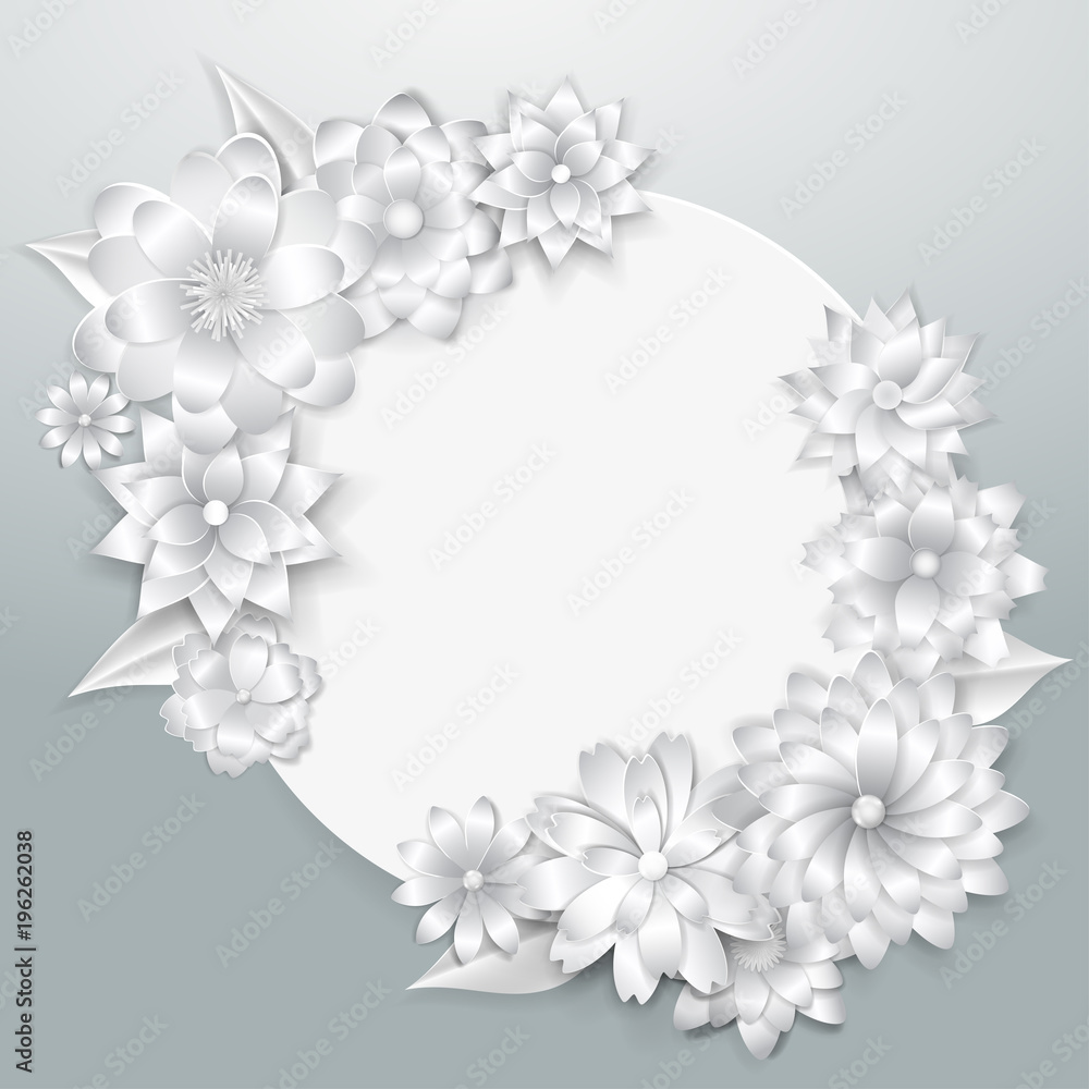 Greeting card template with beautiful volume paper flowers with soft shadows