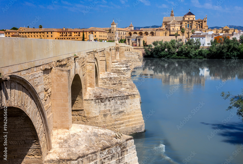 Cordoba stone bridge with fort tower and Mosque. 