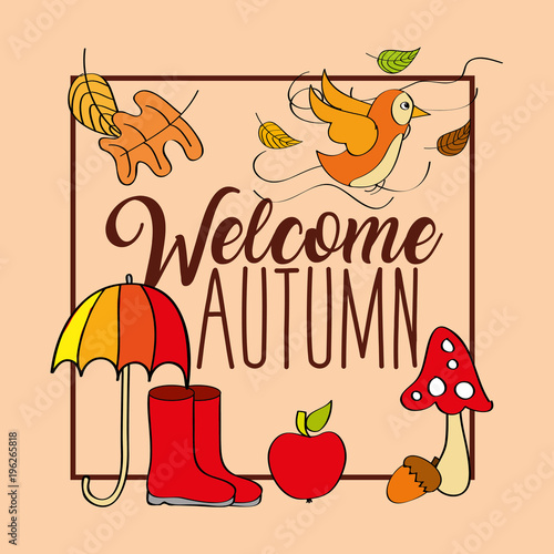 welcome autumn season boot umbrella bird leaves vector illustration