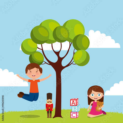 boy and girl in park kids playing cartoon vector illustration