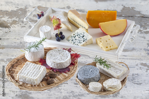 Various tray with different kinds of cheese on rustic grey wooden table background