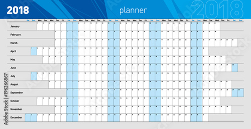 Yearly wall planner for the 2018 year. Blue color code