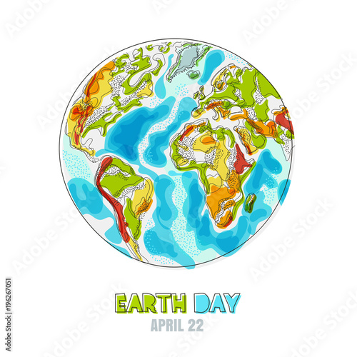 Vector doodle hand drawn isolated illustration of Earth planet. Happy Earth day card. Environmental, ecology, nature protection concept.
