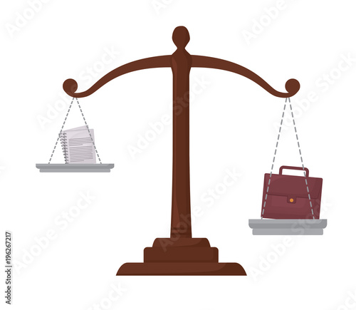 law scale with briefcase and documents over white background, colorful design. vector illustration