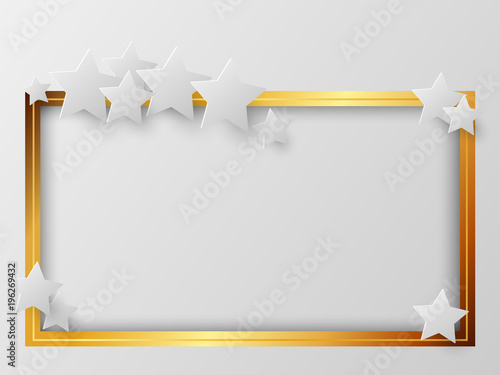 Golden photo frame, white background with stars, vector illustration