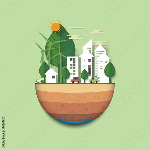 Green earth of eco friendly city and urban landscape abstract background.Renewable energy for ecology and environment conservation concept paper art design.Vector illustration.