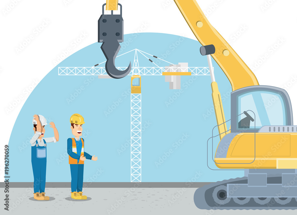 Under construction zone with engineers and crane tower over blue and white background, colorful design vector illustration Under construction zone with engineers and crane tower over blue and white background, colorful design vector illustration