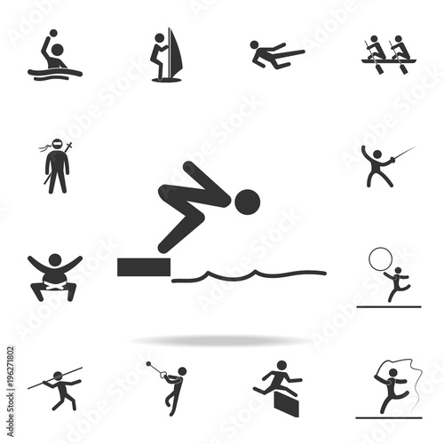 Swimmer jumping from starting block in pool icon. Detailed set of athletes and accessories icons. Premium quality graphic design. One of the collection icons for websites, web