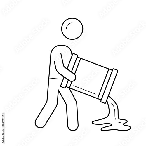 Nuclear contamination vector line icon isolated on white background. Man pouring liquid out of barrel line icon for infographic, website or app. Concept of nuclear contamination.