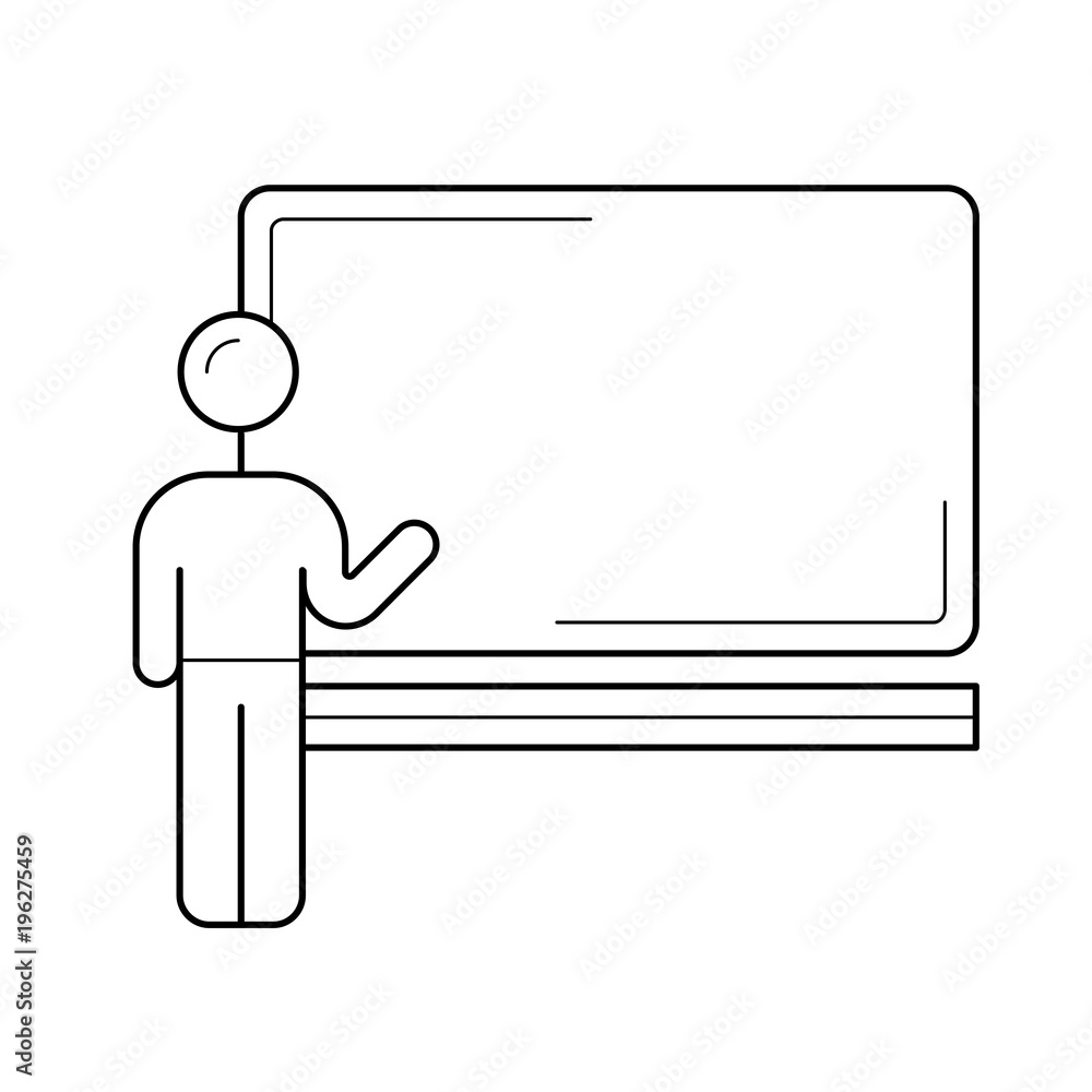 Professor giving explanation next to the blackboard vector line icon isolated on white background. Schoolboy in front of the blackboard line icon for infographic, website or app.