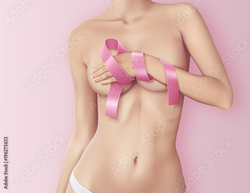 Realistic banner with the beautiful woman and pink ribbon, breast cancer awareness symbol, vector illustration