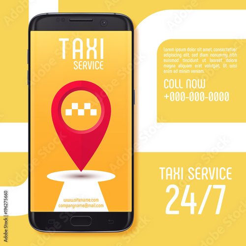 Taxi service app on black smartphone screen. Vector illustration.