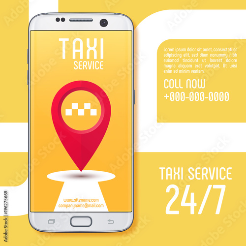Taxi service app on white smartphone screen. Vector illustration.