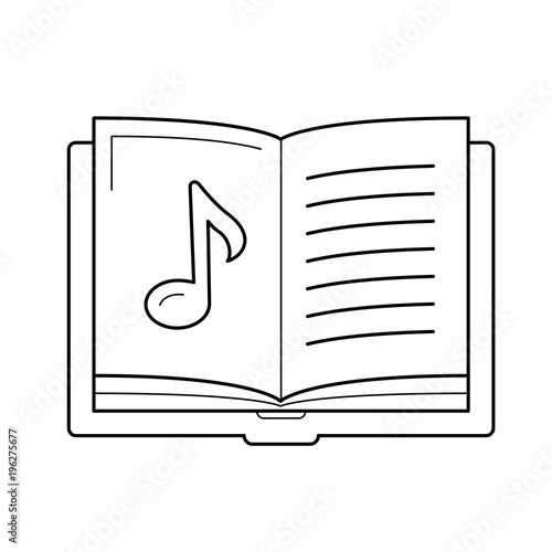 Music book with note vector line icon isolated on white background. Open school music book with musical note line icon for infographic, website or app.