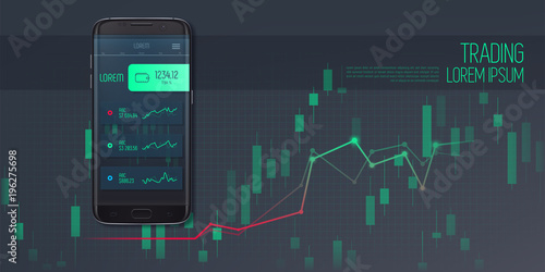 Web banner on mobile stock trading concept, online trading, stock market analysis, business and investment. Smartphone with Stock Market Application