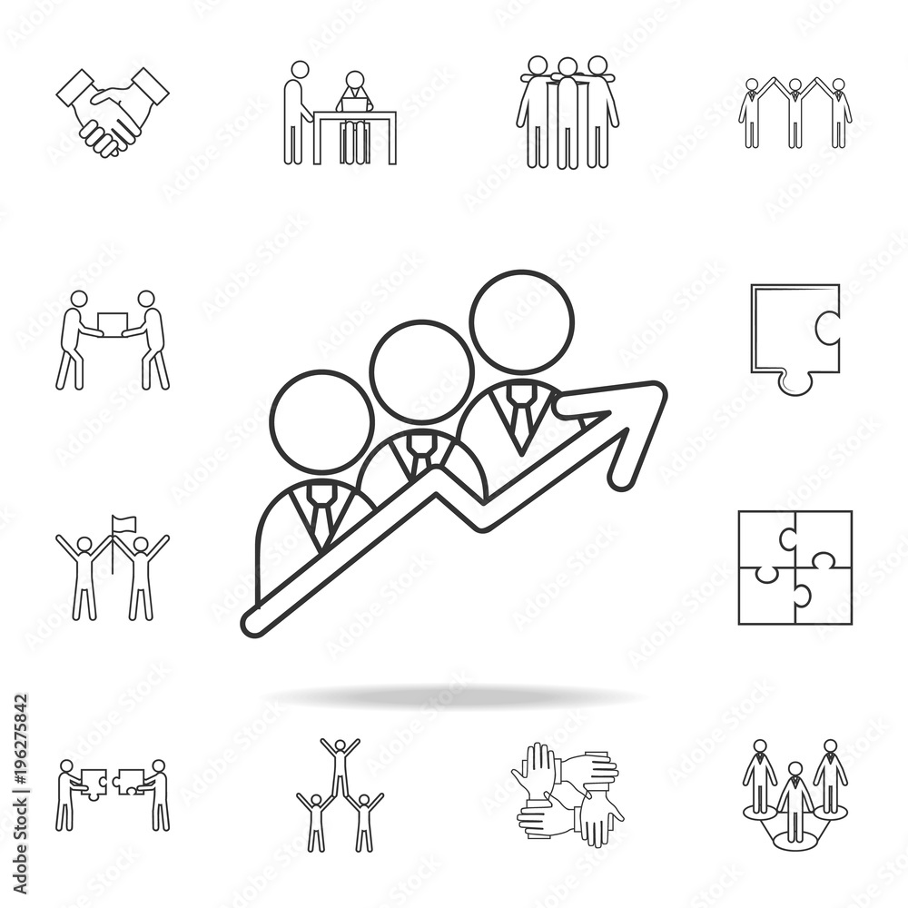 businessmen with team of working people chart arrow up icon. Detailed set of team work outline icons. Premium quality graphic design icon. One of the collection icons