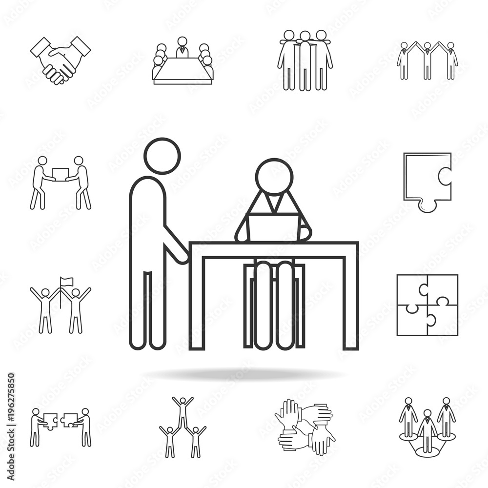 Front Desk line icon. Detailed set of team work outline icons. Premium quality graphic design icon. One of the collection icons for websites, web design, mobile app Front Desk line icon. Detailed set of team work outline icons. Premium quality graphic design icon. One of the collection icons for websites, web design, mobile app