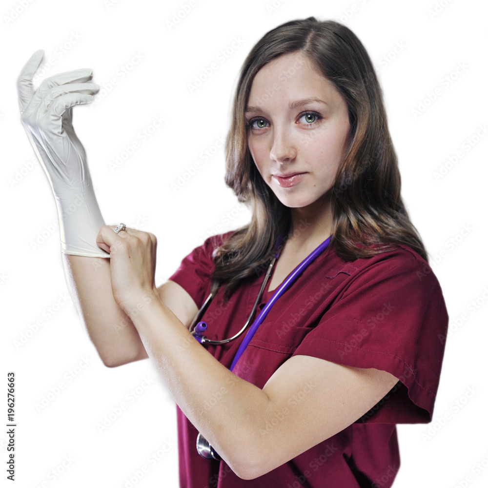 nurse pulling glove over hand фотография Stock | Adobe Stock
