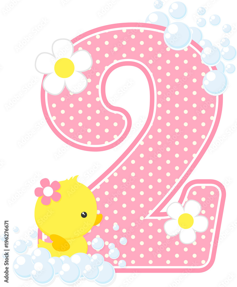 number 2 with bubbles and cute rubber duck isolated on white. can be used for baby girl birth announcements, nursery decoration, party theme or birthday invitation. Design for baby girl