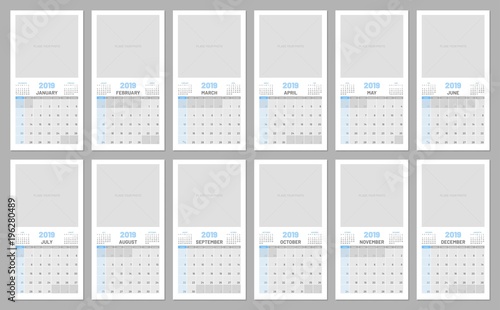 Collection calendars, each month, 2019, copy space, flat, template. Suitable scheduler with copy space for your creativity. Vector illustration of menology