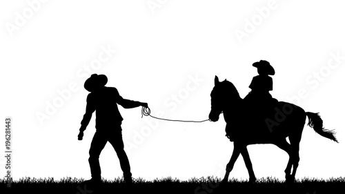silhouette cowboy and horse on white background.